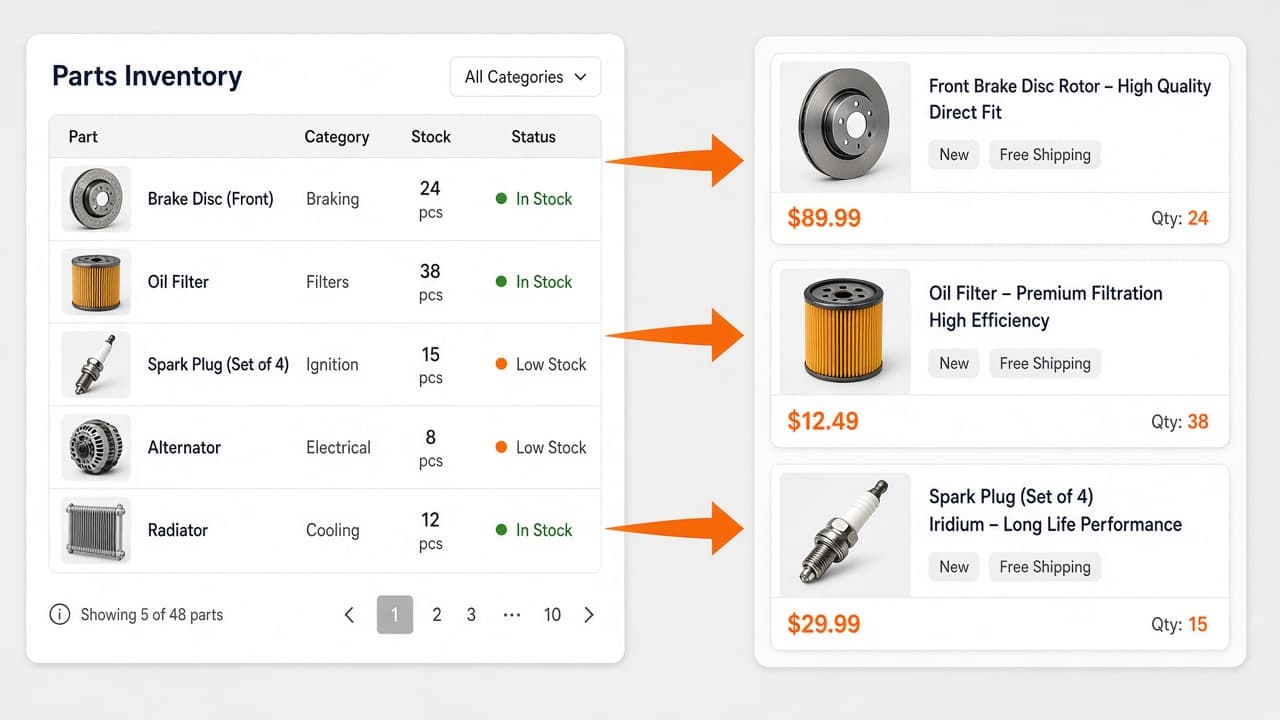 Pinnacle inventory dashboard syncing auto parts to eBay marketplace listings